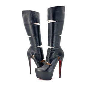 Christian Louboutin Bandita 160 Platform Black Leather Knee High Boots 37.5